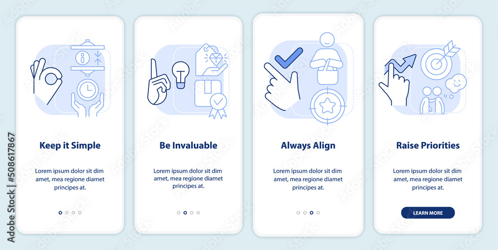 Components of communication light blue onboarding mobile app screen. Walkthrough 4 steps editable graphic instructions with linear concepts. UI, UX, GUI template. Myriad Pro-Bold, Regular fonts used