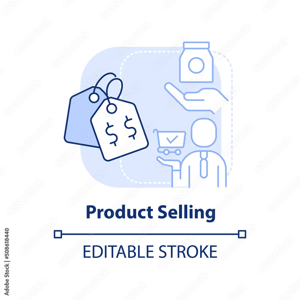Product selling light blue concept icon. Marketing strategy abstract idea thin line illustration. Bring product to market. Isolated outline drawing. Editable stroke. Arial, Myriad Pro-Bold fonts used