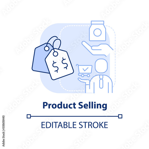 Product selling light blue concept icon. Marketing strategy abstract idea thin line illustration. Bring product to market. Isolated outline drawing. Editable stroke. Arial  Myriad Pro-Bold fonts used