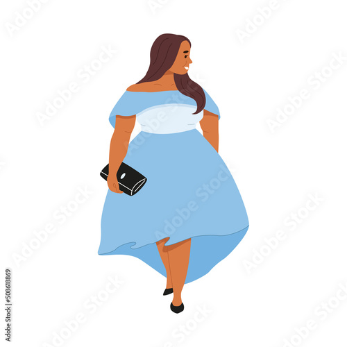 Young stylish plus size woman wears mid length blue dress, black clutch and shoes. Chubby cute female character posing and smiling. Cartoon body positive people vector illustration