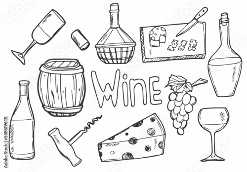 Wine set, hand drawn, monochrome vector. Doodle style