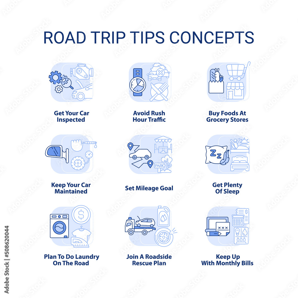 Road trip tips light blue concept icons set. Planning travel. Car adventure advices idea thin line color illustrations. Isolated symbols. Editable stroke. Roboto-Medium, Myriad Pro-Bold fonts used Road trip tips light blue concept icons set. Planning travel. Car adventure advices idea thin line color illustrations. Isolated symbols. Editable stroke. Roboto-Medium, Myriad Pro-Bold fonts used