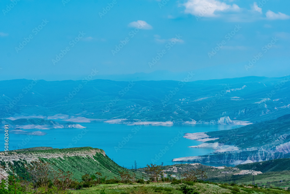 mountain landscape with the reservoir of the Chirkey hydroelectric power station in Dagestan