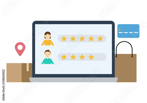 Customer review vector. Marketing and business concept. The firm uses rating feedback to create long term relationship. Flat illustration on white background.