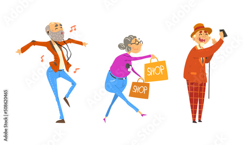 Senior Man and Woman Shopping, Listening to Music and Taking Selfie Vector Set