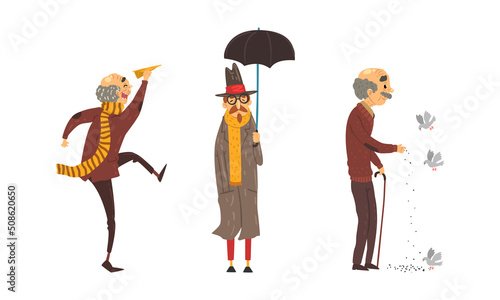 Senior Man Feeding Dove on Street, Walking with Umbrella and Flying Paper Plane Vector Set
