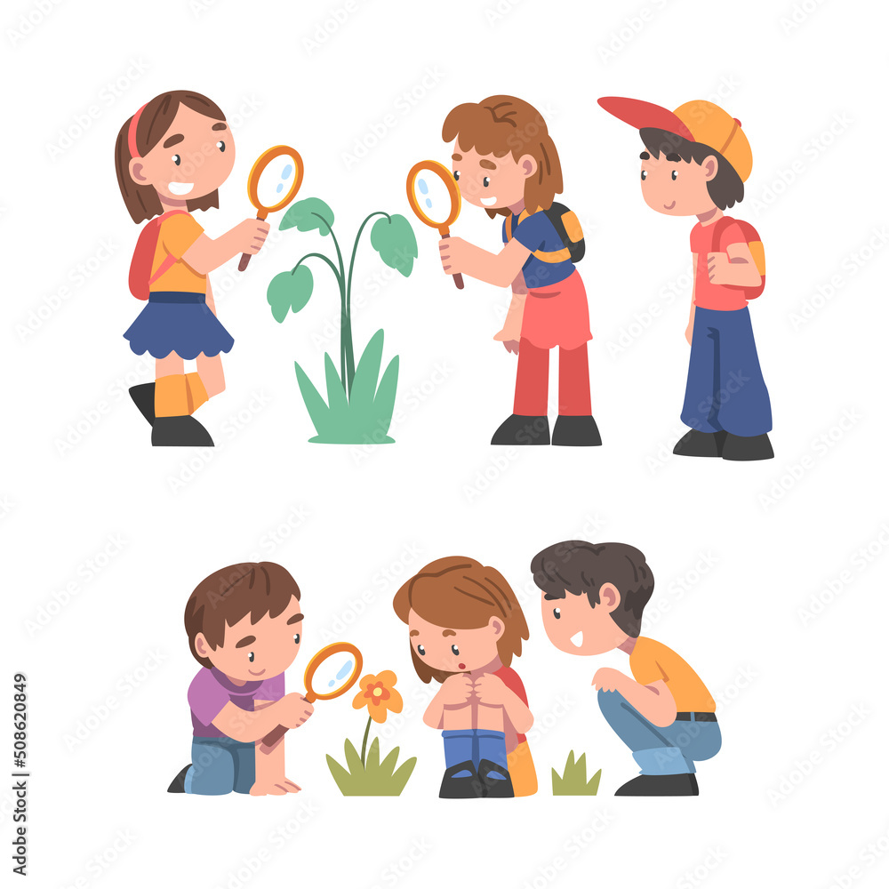 Curious Boy and Girl Near Blooming Flower with Magnifying Glass Studying Plant and Exploring Environment Vector Set Curious Boy and Girl Near Blooming Flower with Magnifying Glass Studying Plant and Exploring Environment Vector Set