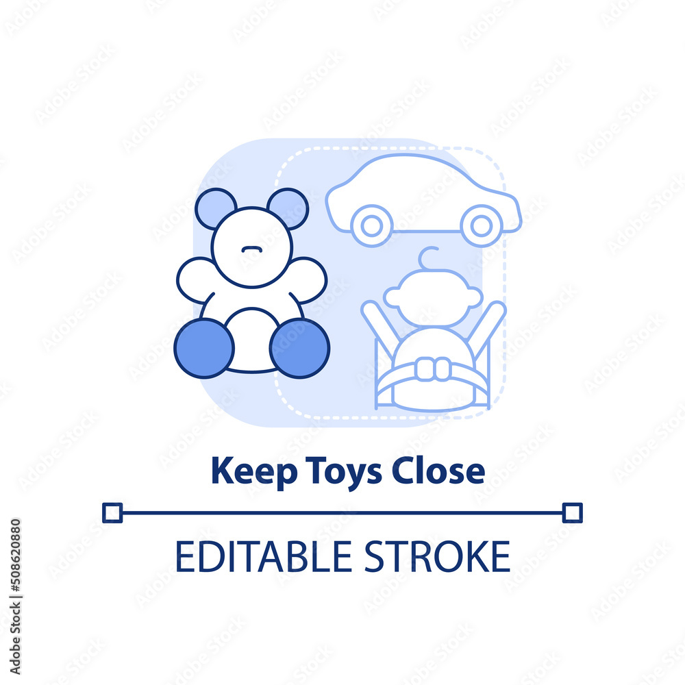 Keep toys close light blue concept icon. Happy child. Trip with toddlers advice abstract idea thin line illustration. Isolated outline drawing. Editable stroke. Arial, Myriad Pro-Bold fonts used Keep toys close light blue concept icon. Happy child. Trip with toddlers advice abstract idea thin line illustration. Isolated outline drawing. Editable stroke. Arial, Myriad Pro-Bold fonts used