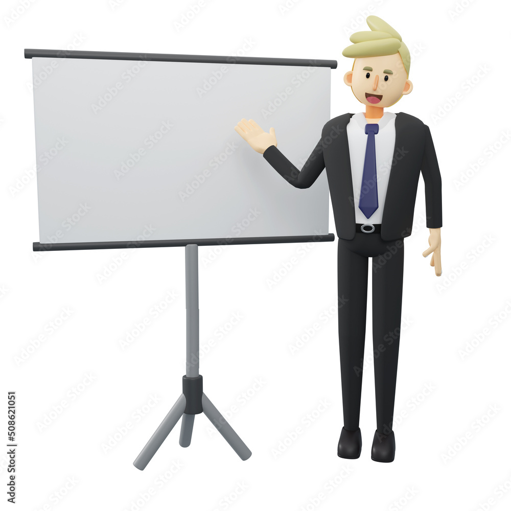 Business concept.Full length of businessman is presenting explaining with whiteboard.3d rendering cartoon illustration. Business concept.Full length of businessman is presenting explaining with whiteboard.3d rendering cartoon illustration.