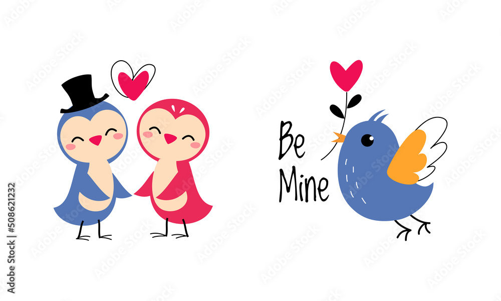 Cute Little Birdie Flying with Heart as Valentine Day Celebration Vector Set