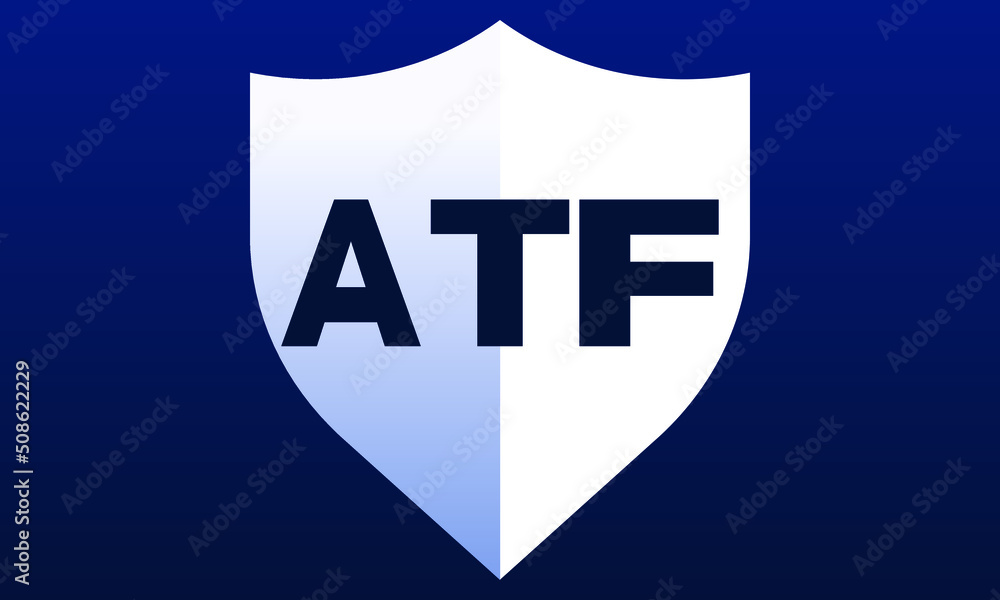 ATF shield logo design on blue background vector template | monogram logo | abstract logo | wordmark logo | letter mark logo | business logo | brand logo | flat logo, minimalist logo.	 - obrazy, fototapety, plakaty 