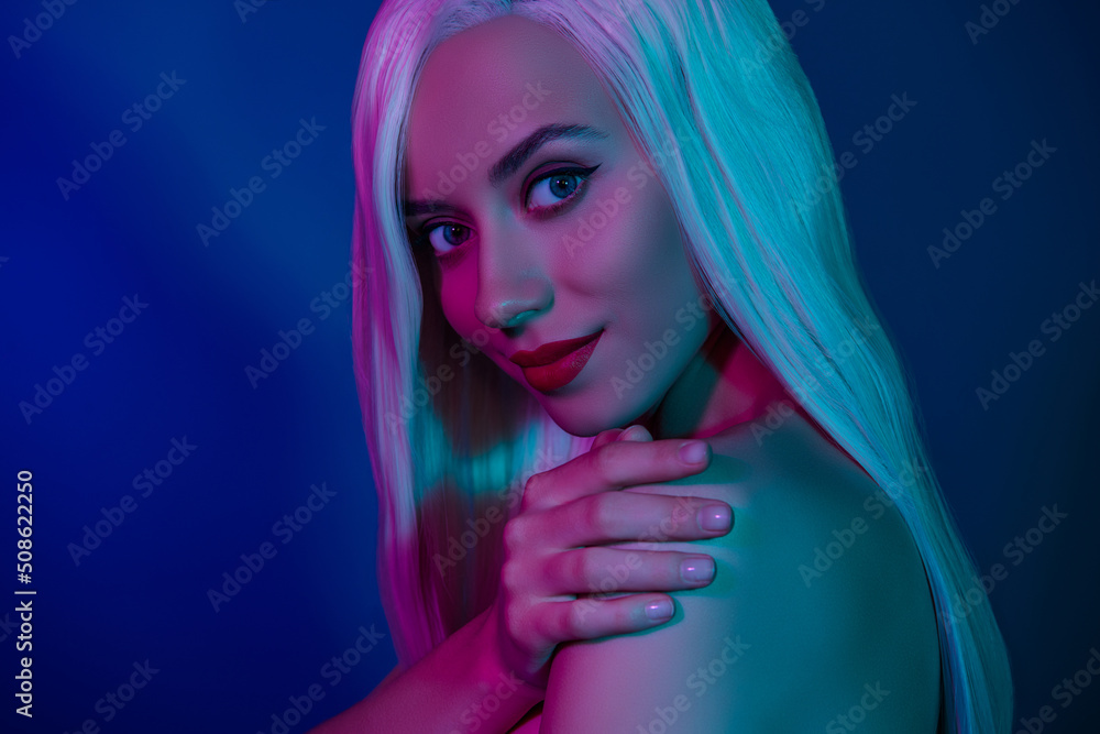 Close up portrait seductive hot lady stylish makeup passionately touch nude shoulder flirt mistress nightclub lightning Close up portrait seductive hot lady stylish makeup passionately touch nude shoulder flirt mistress nightclub lightning