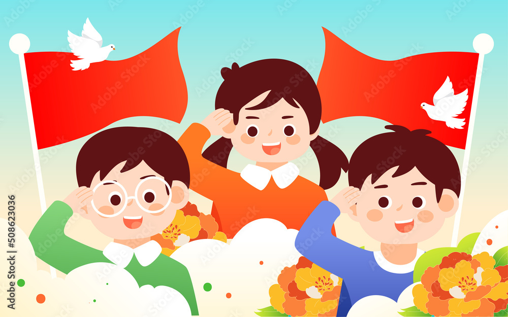 People are saluting, with landmark ancient buildings and flags in the background, vector illustration, Chinese translation: Party Founding Day People are saluting, with landmark ancient buildings and flags in the background, vector illustration, Chinese translation: Party Founding Day