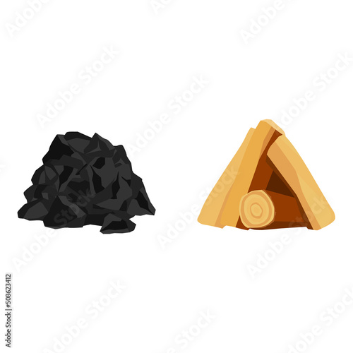Charcoal coal pile and logs of fire wood. Vector illustration