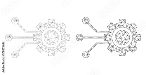 Polygonal mesh gear connectors icons. Flat carcass variants created from gear connectors pictogram and triangulated lines. Abstract lines, triangles and points organized into gear connectors carcass.