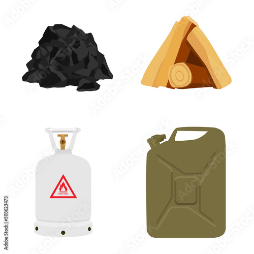 Petrol can, gas tank, charcoal coal pile and logs of fire wood