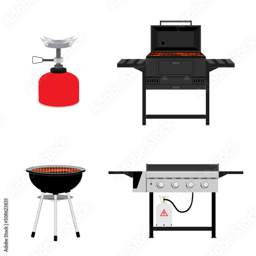 Different types BBQ barbecue grills vector set