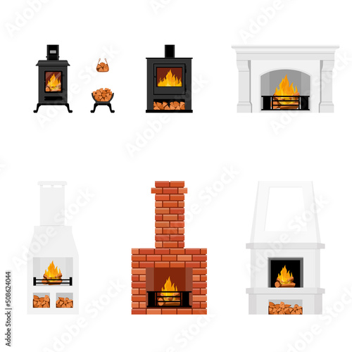 Fireplaces and hearths set. Collection of various fireplaces, fire and burning wood.