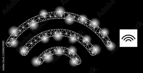 Glossy mesh broadcasting source constellation icon with light spots. Illuminated vector constellation based on broadcasting source icon. Sparkle carcass mesh broadcasting source on a black background.
