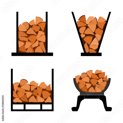 Set, collection of fireplace stands full of chopped logs