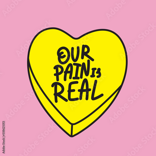 Hand drawn lettering our Pain is Real on yellow heart. Endometriosis Awareness Month - March