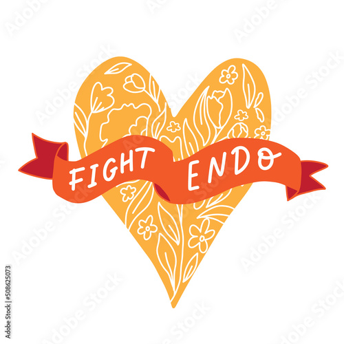 Hand drawn lettering Fight Endo with Yellow ribbon. Endometriosis Awareness Month - March