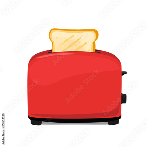 Red toaster with toasted bread for breakfast inside isolated on white background
