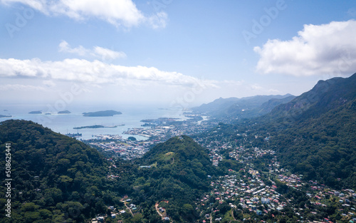 Aerial views of Seychelles islands, Victoria town, a paradise place (aerial drone photo). Victoria, Seychelles