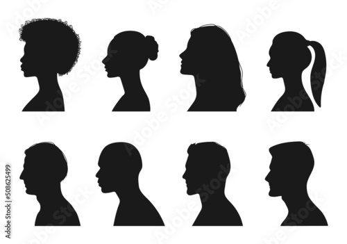 Vector silhouette of set of profile face of different people.