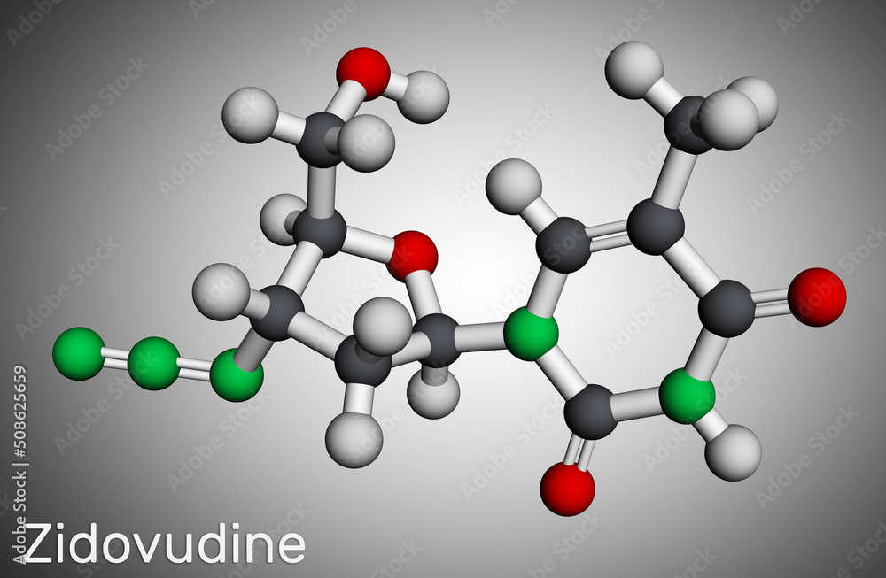 Zidovudine, ZDV, azidothymidine, AZT molecule. It is synthetic dideoxynucleoside, used in the treatment of HIV and AIDS. Molecular model. Zidovudine, ZDV, azidothymidine, AZT molecule. It is synthetic dideoxynucleoside, used in the treatment of HIV and AIDS. Molecular model.