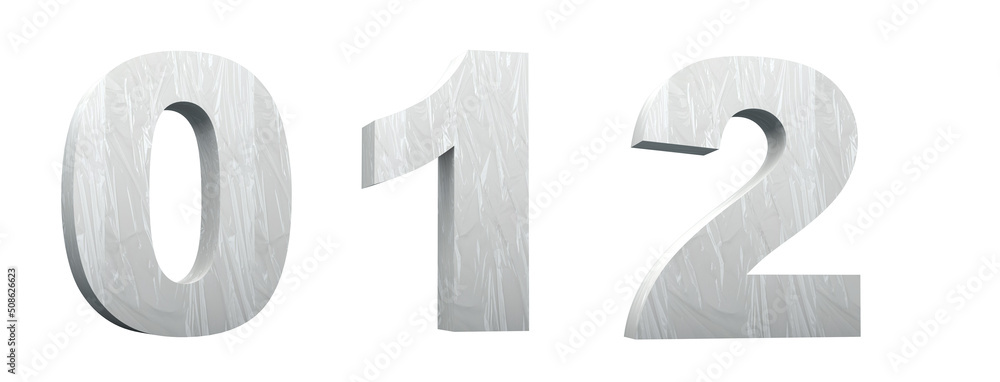 Plasticized alphabet. Numbers 0, 1, 2. White or clear plastic font. Synthetic material. 3D illustration. Cut ready.
Plasticized alphabet. Numbers 0, 1, 2. White or clear plastic font. Synthetic material. 3D illustration. Cut ready.