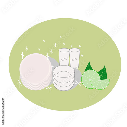 Plate, bowl and glass with lemon, lemon dishwashing liquid concept, vector illustration 