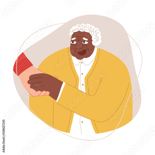 Happy African American Senior woman and hand of her care giver. Help and Care Old People Concept. Nurse or volunteer worker taking care of an elderly woman. Vector illustration isolated on white