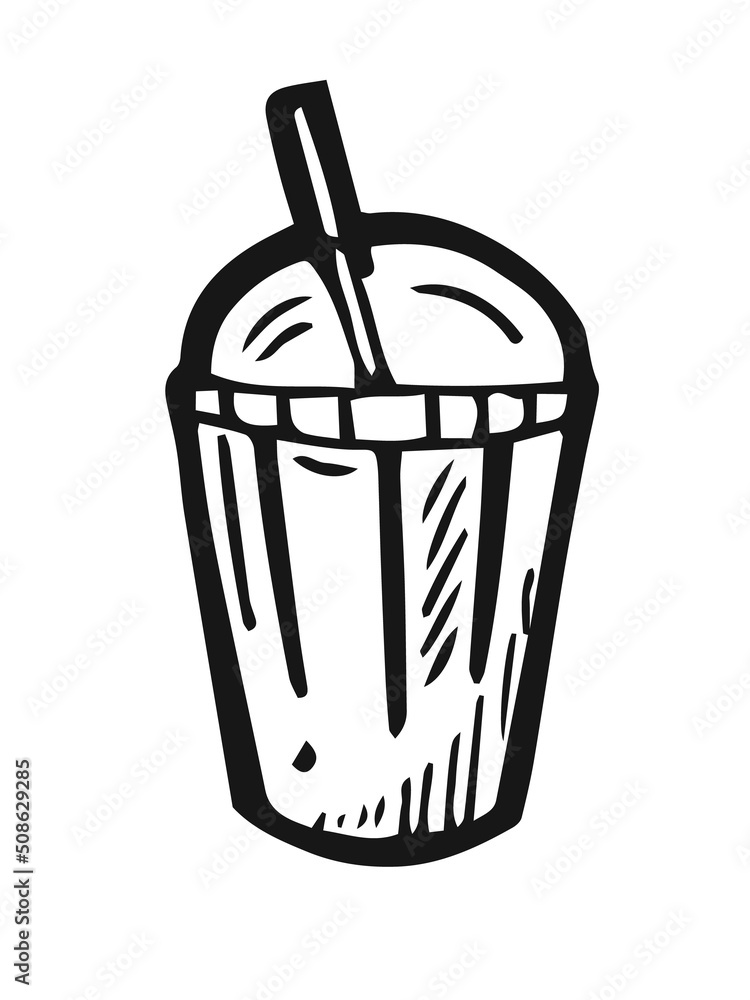 Lemonade in glass with straw cocktail. Hand drawing outline. Isolated on white background. Monochrome drawing. Vector Lemonade in glass with straw cocktail. Hand drawing outline. Isolated on white background. Monochrome drawing. Vector