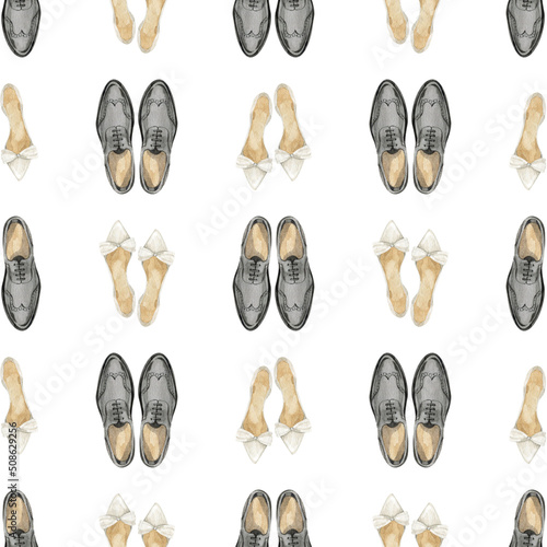 Seamless pattern with women's and men's shoes. Shoes of the bride and groom.