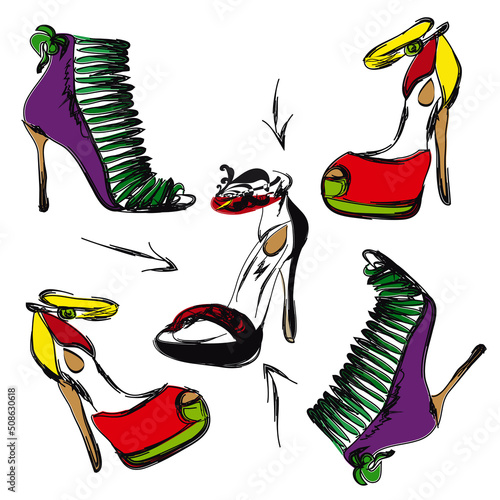 Different colorful, bright high-heeled shoes