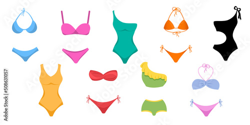 Set of colorful women swimsuit isolated on white background. Bikini bathing suits for swimming in flat design. Fashion bikini collection. Vector illustration