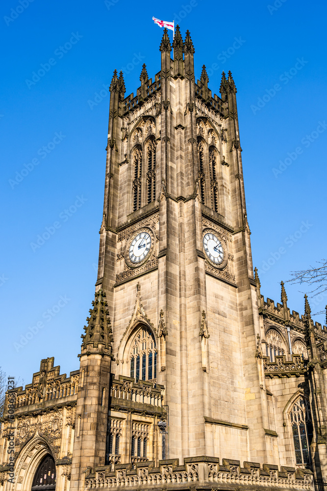 Manchester, Lancashire, England, UK - Tower of the cathedral of Manchester; the Cathedral and Collegiate Church of St Mary, St Denys and St George