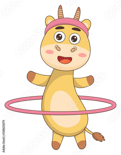 Little goat dancing with pink hula hoop vector illustration
