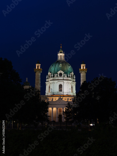 Photography Baroque church in Vienna photographed at night