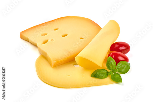 Hard Dutch gouda cheese, isolated on white background.