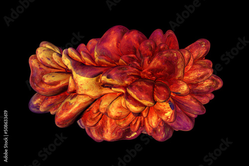 Futuristic strange orange liquid bubble drop object on black background in the science and technology style