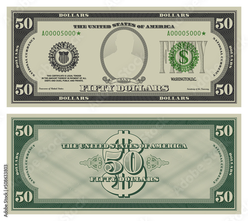 Fifty dollars banknote. Gray obverse and green reverse fictional US paper money in style of vintage american cash.  Frame with guilloche mesh and bank seals. Grant