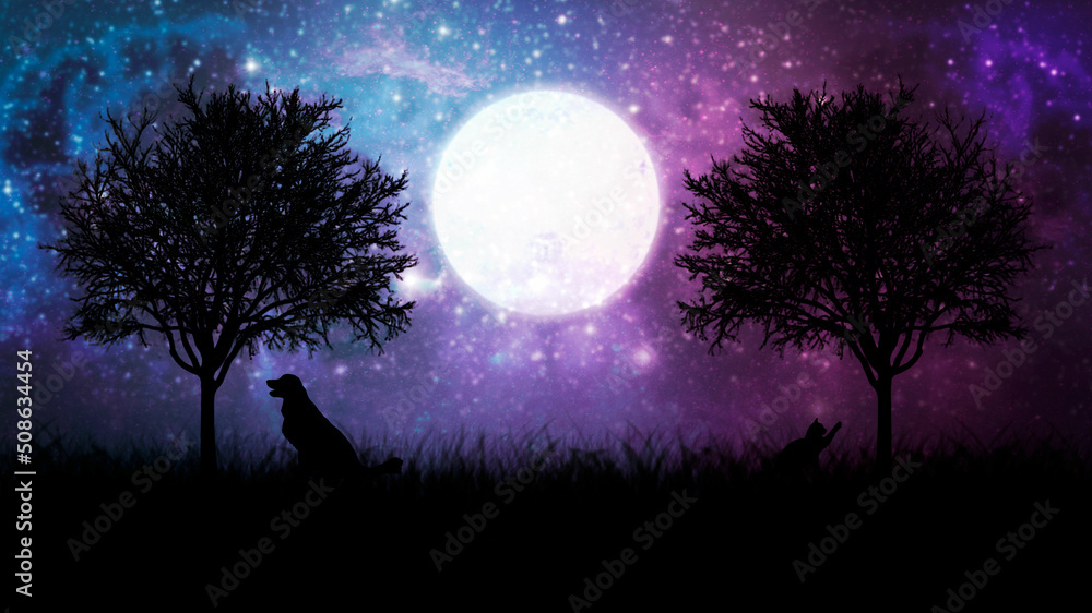 Magical illustration with animals, silhouette of a cat and a dog under a tree against the background of a beautiful blue-purple cosmic sky. A fairytale landscape with a big bright moon and stars.