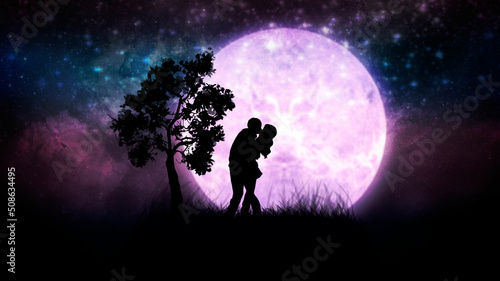 Canvas-taulu Silhouette of a kissing couple in love on a background of a dark cosmic and stars, a romantic night under a fantastic boundless sky