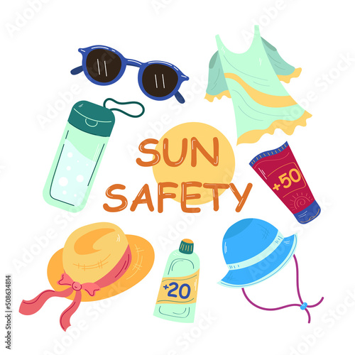 Clothes and products against sunburn vector illustrations set. Sun safety, collection of cartoon drawings of shirt, hats, sunscreen on white background. Summer, vacation, health, protection concept