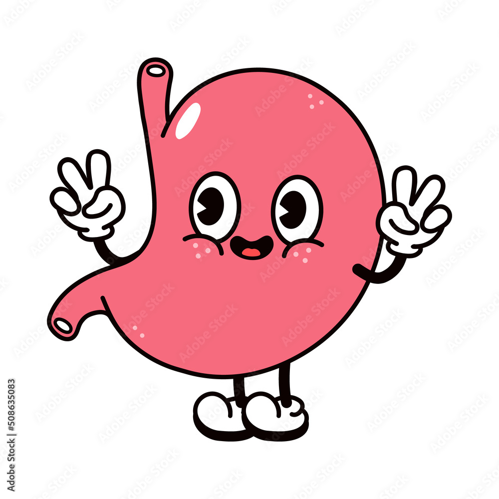 Cute funny stomach waving hand character. Vector hand drawn traditional cartoon vintage, retro, kawaii character illustration icon. Isolated on white background. Stomach character concept Cute funny stomach waving hand character. Vector hand drawn traditional cartoon vintage, retro, kawaii character illustration icon. Isolated on white background. Stomach character concept