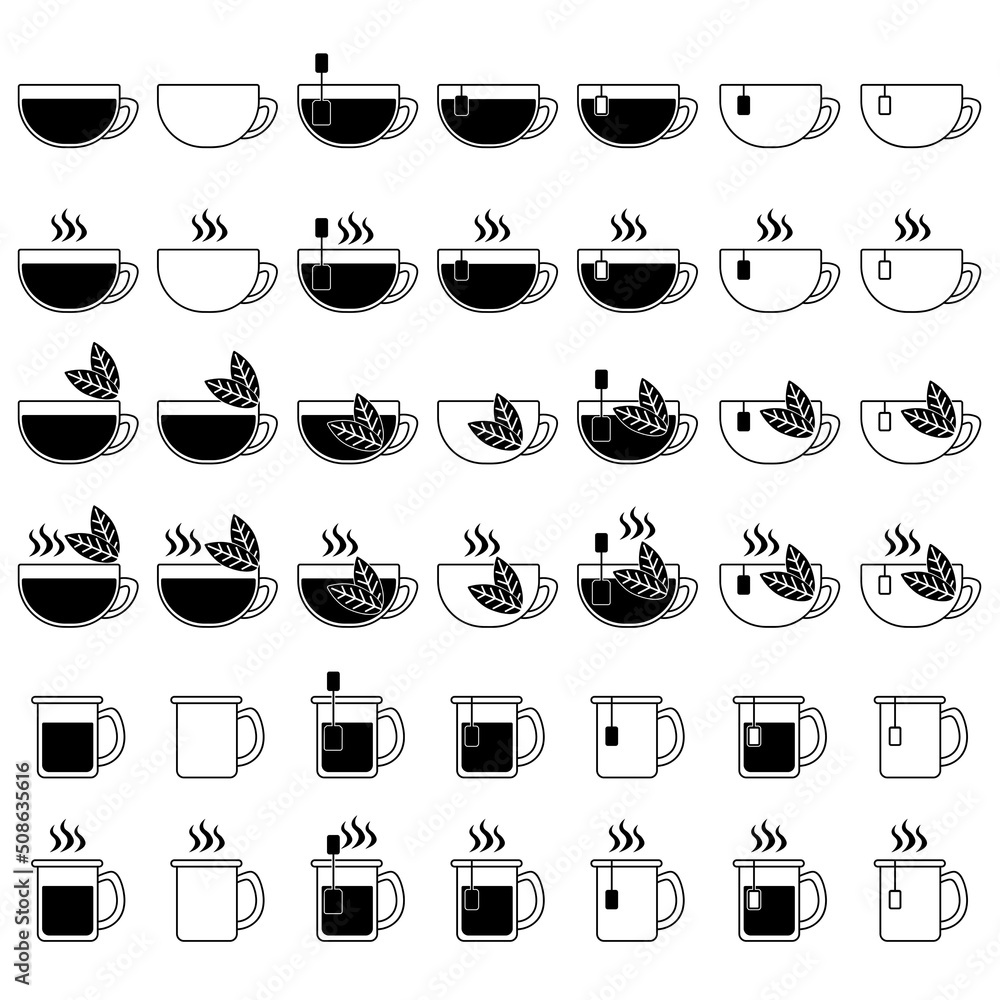 Tea or coffee cup icons set, hot drink silhouette different options simple illustrations Tea or coffee cup icons set, hot drink silhouette different options simple illustrations