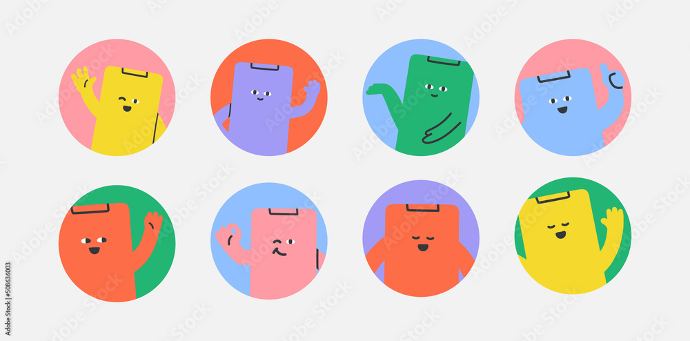 Cute avatars in circle. Phone character in round frame bundle. Abstract shapes for profile picture in trendy cartoon style. Colourful flat icons. Isolated vector background Cute avatars in circle. Phone character in round frame bundle. Abstract shapes for profile picture in trendy cartoon style. Colourful flat icons. Isolated vector background