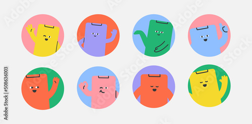 Cute avatars in circle. Phone character in round frame bundle. Abstract shapes for profile picture in trendy cartoon style. Colourful flat icons. Isolated vector background